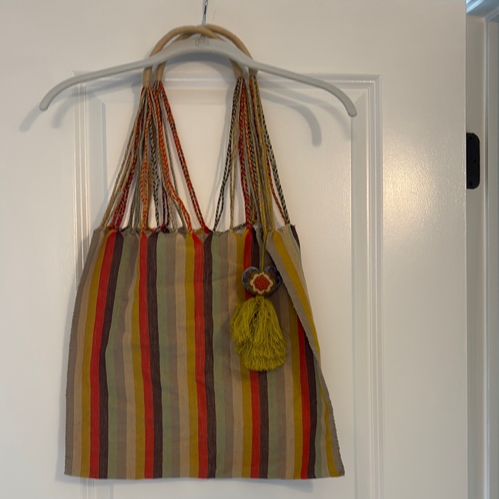 Red and Yellow Tote with Long Straps and Tassel